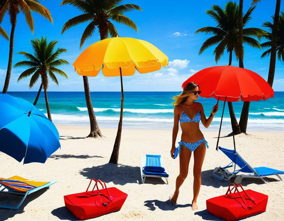A vibrant summer beach scene featuring a fashionable beachgoer confidently sporting stylish beachwear while discreetly concealing a handgun in a secure holster. The setting includes colorful umbrellas, clear blue skies, and playful waves, reflecting a blend of relaxation and safety. Emphasize the contrast between the casual beach atmosphere and the discreet security measure. Include a hint of tropical scenery in the background. bright colors. super-realistic. lively summer vibe.