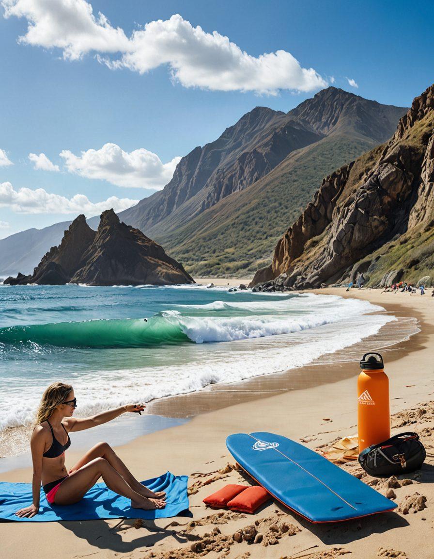 A dynamic scene featuring a split image: on one side a sunny beach with a surfer and beachgoers, and on the other side a mountainous shooting range with a person practicing safe firearm handling. Include vibrant colors and accessories like sunscreen and hiking gear on the beach side, and safety gear like ear protection on the range side. The image should evoke a sense of adventure and responsible outdoor activities. super-realistic. vibrant colors. split image.
